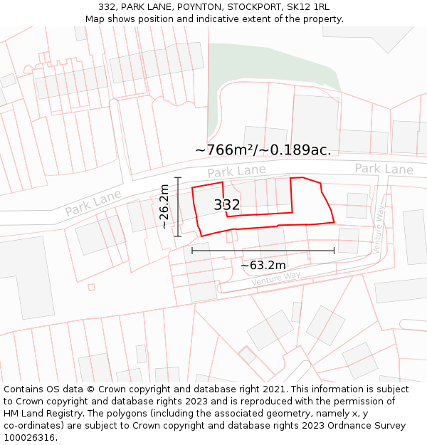 332, PARK LANE, POYNTON, STOCKPORT, SK12 1RL: Plot and title map