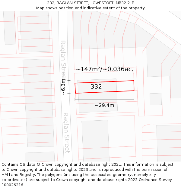 332, RAGLAN STREET, LOWESTOFT, NR32 2LB: Plot and title map