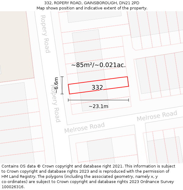 332, ROPERY ROAD, GAINSBOROUGH, DN21 2PD: Plot and title map