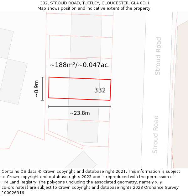 332, STROUD ROAD, TUFFLEY, GLOUCESTER, GL4 0DH: Plot and title map