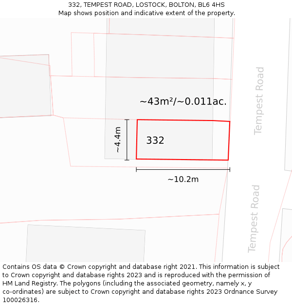 332, TEMPEST ROAD, LOSTOCK, BOLTON, BL6 4HS: Plot and title map
