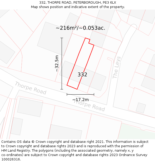332, THORPE ROAD, PETERBOROUGH, PE3 6LX: Plot and title map