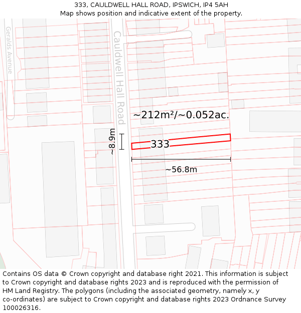 333, CAULDWELL HALL ROAD, IPSWICH, IP4 5AH: Plot and title map