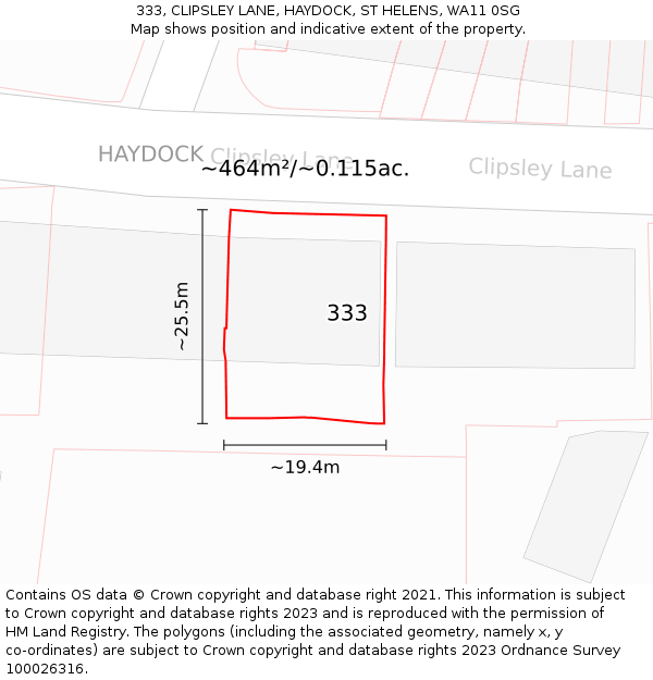 333, CLIPSLEY LANE, HAYDOCK, ST HELENS, WA11 0SG: Plot and title map