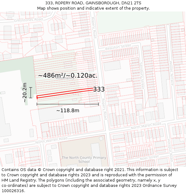 333, ROPERY ROAD, GAINSBOROUGH, DN21 2TS: Plot and title map