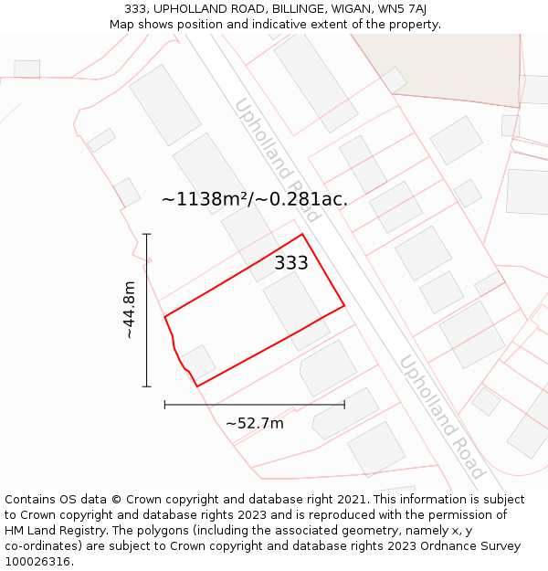 333, UPHOLLAND ROAD, BILLINGE, WIGAN, WN5 7AJ: Plot and title map
