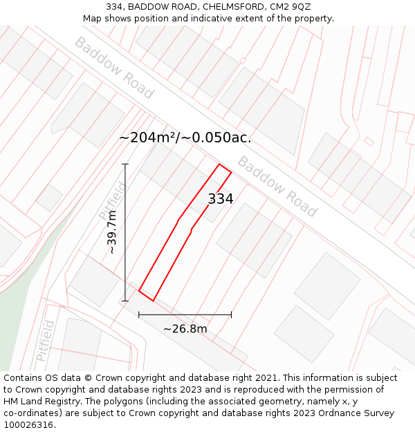 334, BADDOW ROAD, CHELMSFORD, CM2 9QZ: Plot and title map