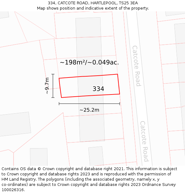 334, CATCOTE ROAD, HARTLEPOOL, TS25 3EA: Plot and title map