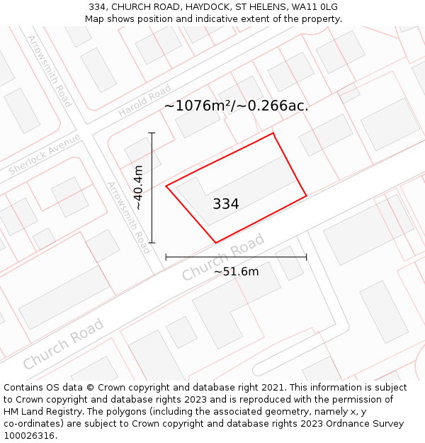 334, CHURCH ROAD, HAYDOCK, ST HELENS, WA11 0LG: Plot and title map