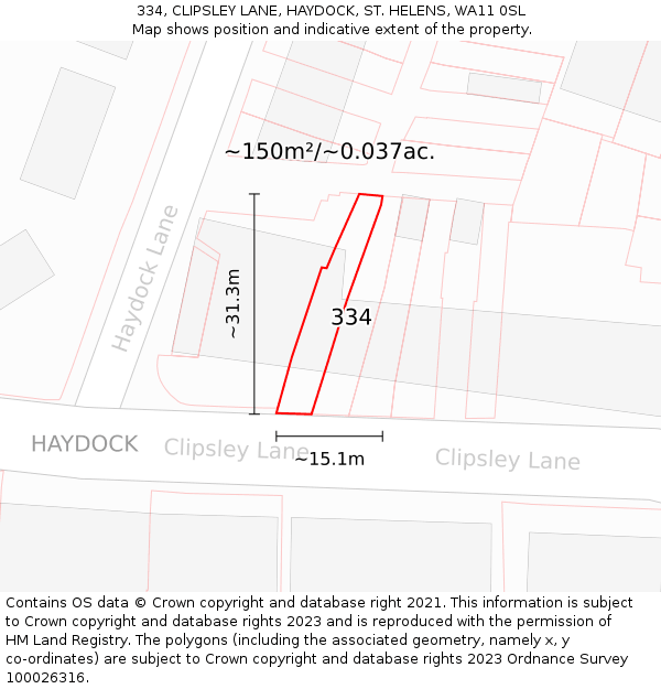 334, CLIPSLEY LANE, HAYDOCK, ST. HELENS, WA11 0SL: Plot and title map