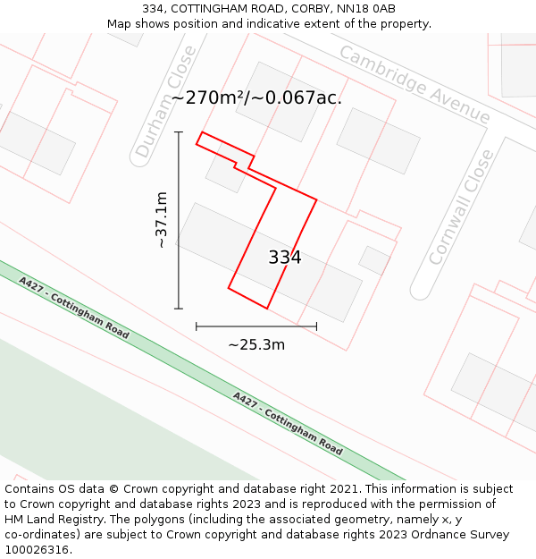 334, COTTINGHAM ROAD, CORBY, NN18 0AB: Plot and title map