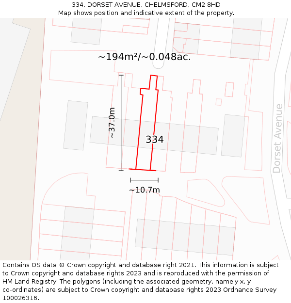334, DORSET AVENUE, CHELMSFORD, CM2 8HD: Plot and title map