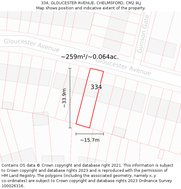 334, GLOUCESTER AVENUE, CHELMSFORD, CM2 9LJ: Plot and title map