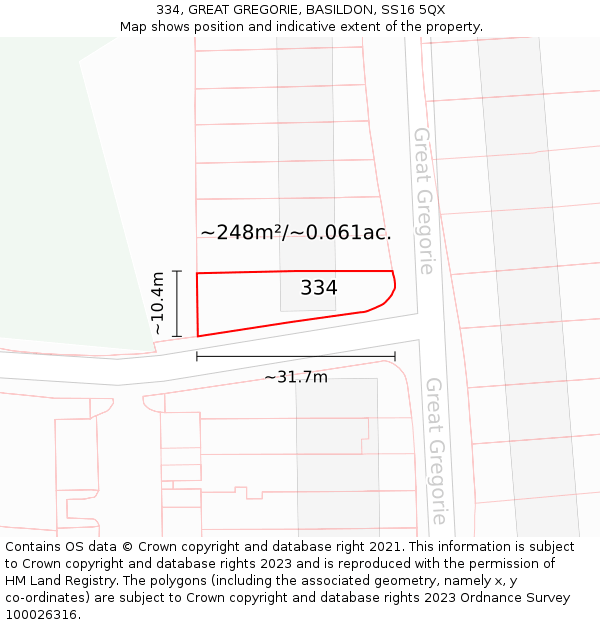 334, GREAT GREGORIE, BASILDON, SS16 5QX: Plot and title map