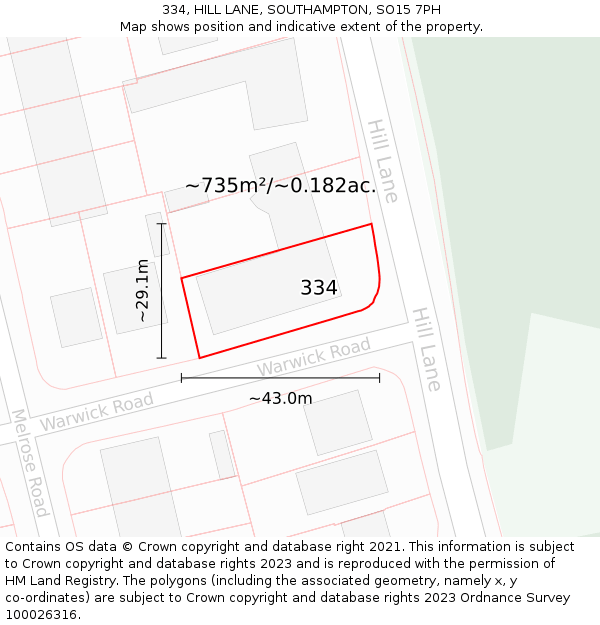 334, HILL LANE, SOUTHAMPTON, SO15 7PH: Plot and title map