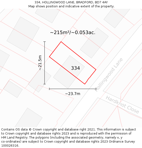 334, HOLLINGWOOD LANE, BRADFORD, BD7 4AY: Plot and title map