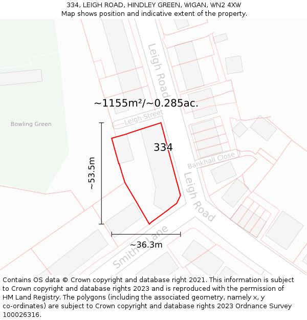 334, LEIGH ROAD, HINDLEY GREEN, WIGAN, WN2 4XW: Plot and title map