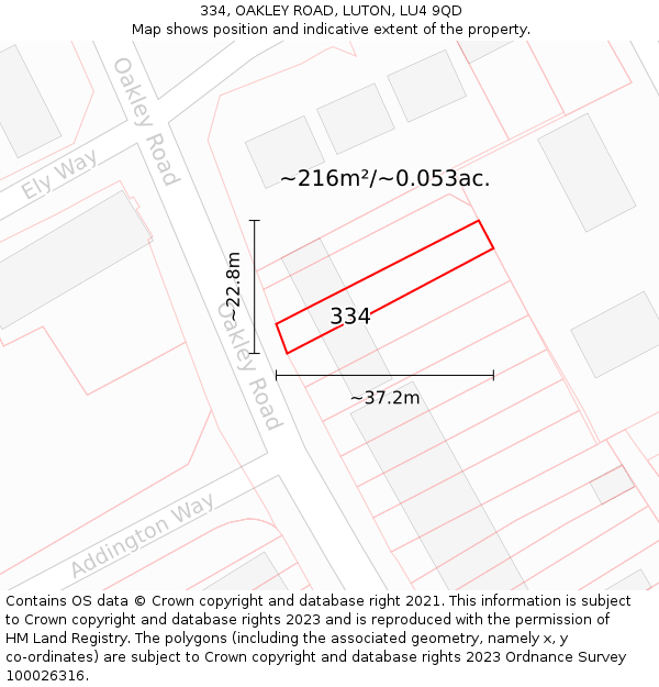 334, OAKLEY ROAD, LUTON, LU4 9QD: Plot and title map