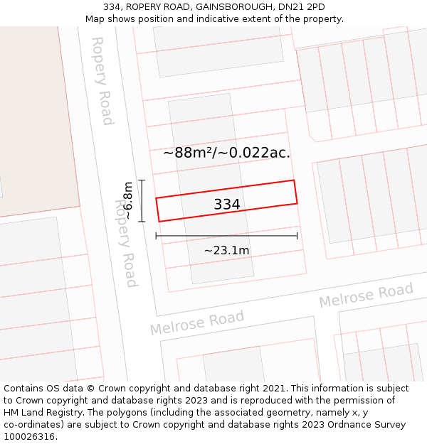 334, ROPERY ROAD, GAINSBOROUGH, DN21 2PD: Plot and title map