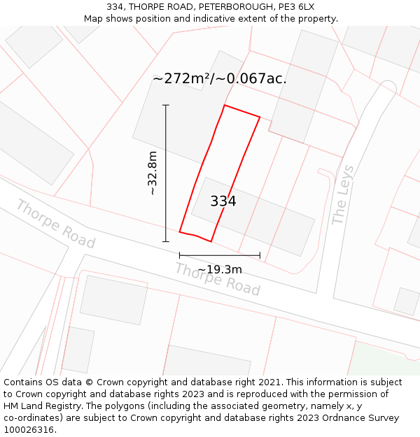 334, THORPE ROAD, PETERBOROUGH, PE3 6LX: Plot and title map