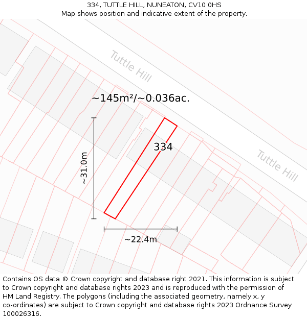 334, TUTTLE HILL, NUNEATON, CV10 0HS: Plot and title map