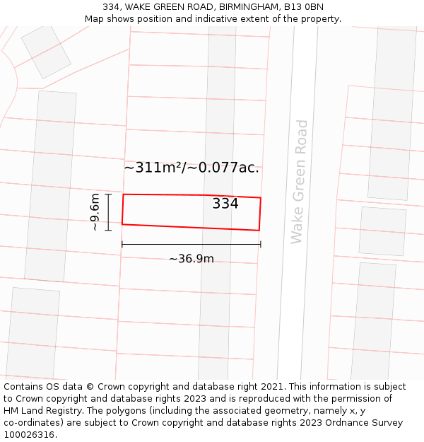 334, WAKE GREEN ROAD, BIRMINGHAM, B13 0BN: Plot and title map
