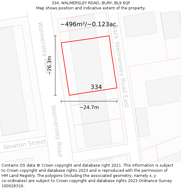 334, WALMERSLEY ROAD, BURY, BL9 6QF: Plot and title map