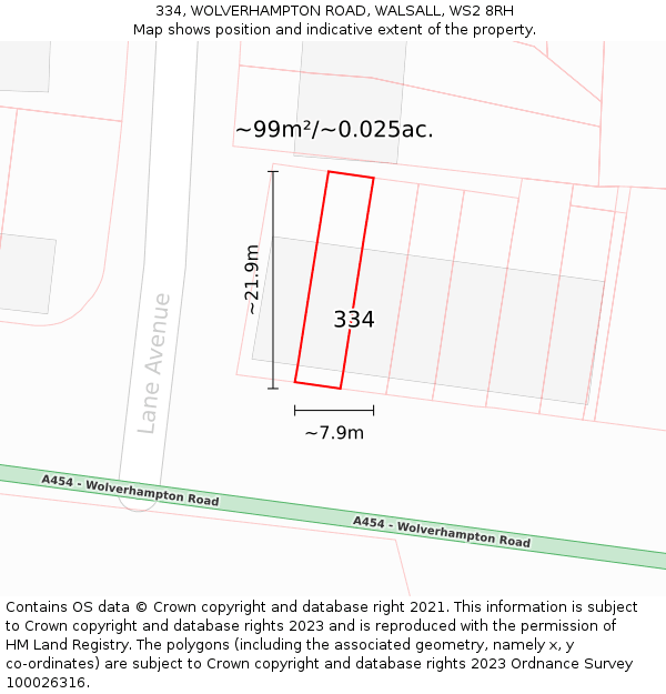 334, WOLVERHAMPTON ROAD, WALSALL, WS2 8RH: Plot and title map