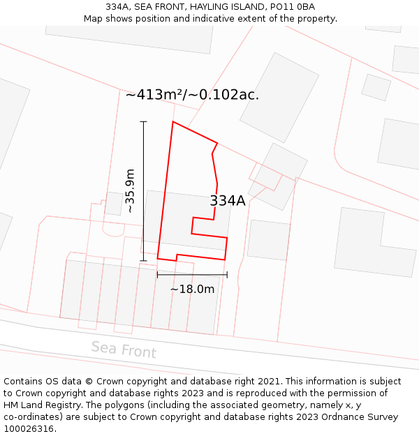 334A, SEA FRONT, HAYLING ISLAND, PO11 0BA: Plot and title map