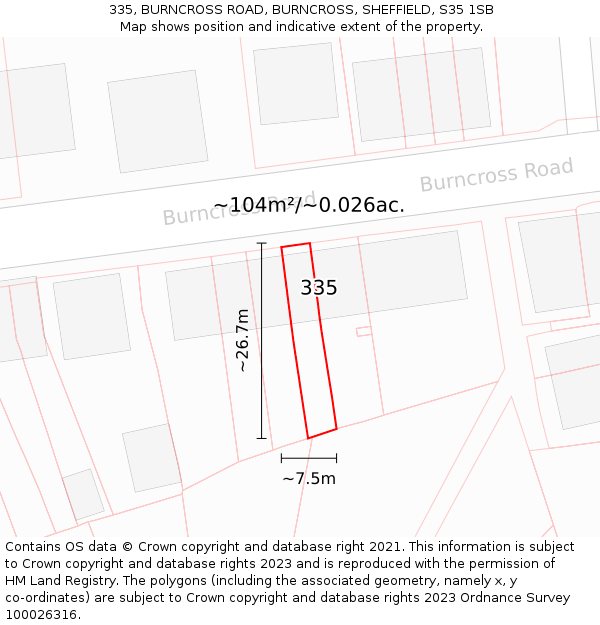 335, BURNCROSS ROAD, BURNCROSS, SHEFFIELD, S35 1SB: Plot and title map