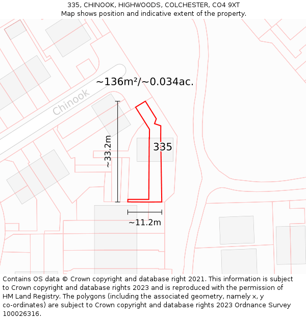 335, CHINOOK, HIGHWOODS, COLCHESTER, CO4 9XT: Plot and title map