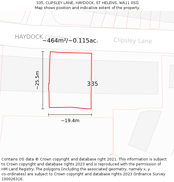 335, CLIPSLEY LANE, HAYDOCK, ST HELENS, WA11 0SG: Plot and title map