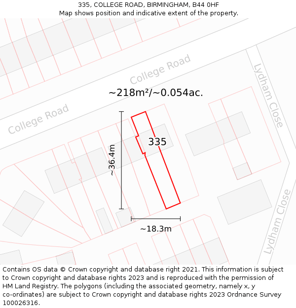 335, COLLEGE ROAD, BIRMINGHAM, B44 0HF: Plot and title map