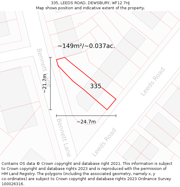 335, LEEDS ROAD, DEWSBURY, WF12 7HJ: Plot and title map