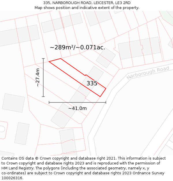 335, NARBOROUGH ROAD, LEICESTER, LE3 2RD: Plot and title map