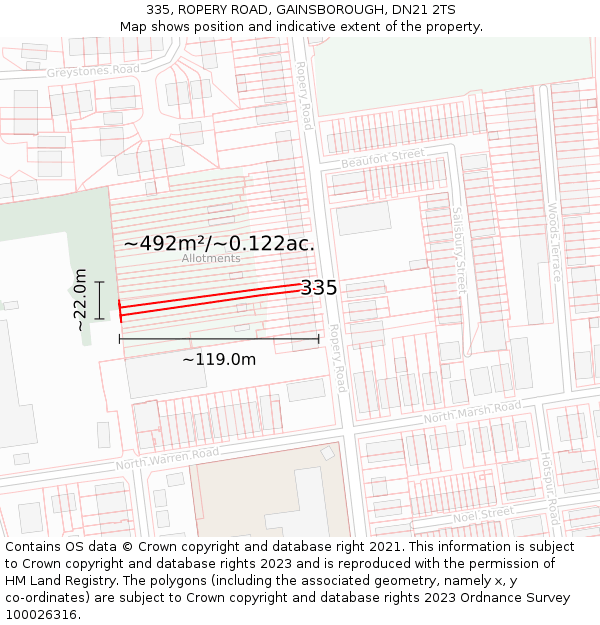 335, ROPERY ROAD, GAINSBOROUGH, DN21 2TS: Plot and title map