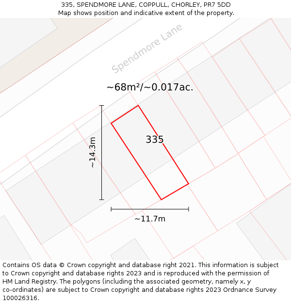 335, SPENDMORE LANE, COPPULL, CHORLEY, PR7 5DD: Plot and title map