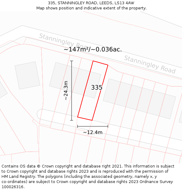 335, STANNINGLEY ROAD, LEEDS, LS13 4AW: Plot and title map