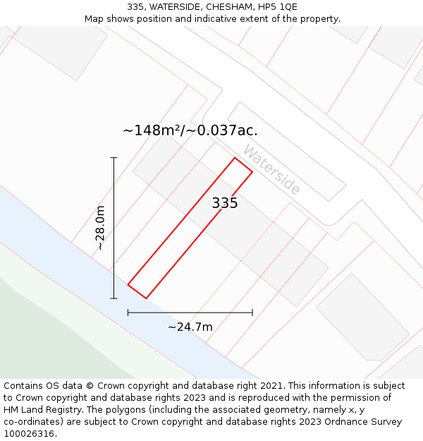 335, WATERSIDE, CHESHAM, HP5 1QE: Plot and title map