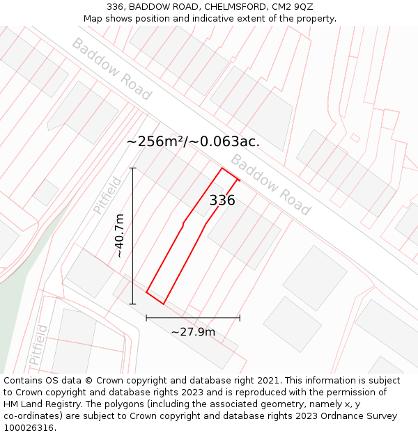 336, BADDOW ROAD, CHELMSFORD, CM2 9QZ: Plot and title map