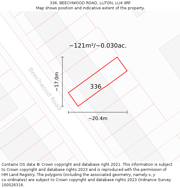 336, BEECHWOOD ROAD, LUTON, LU4 9RF: Plot and title map