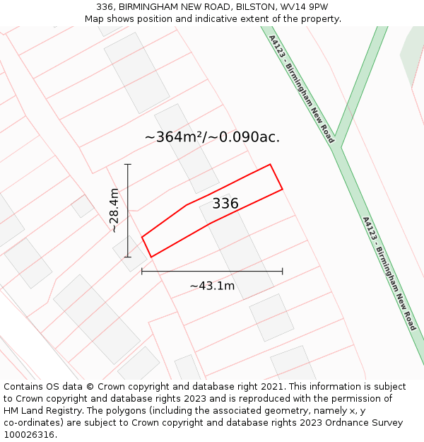 336, BIRMINGHAM NEW ROAD, BILSTON, WV14 9PW: Plot and title map