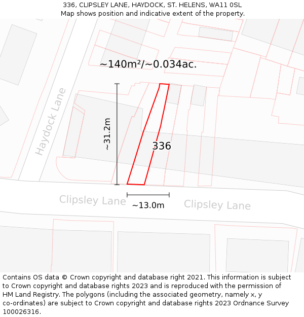 336, CLIPSLEY LANE, HAYDOCK, ST. HELENS, WA11 0SL: Plot and title map