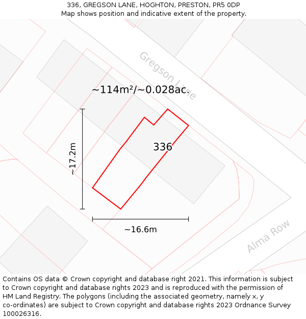 336, GREGSON LANE, HOGHTON, PRESTON, PR5 0DP: Plot and title map