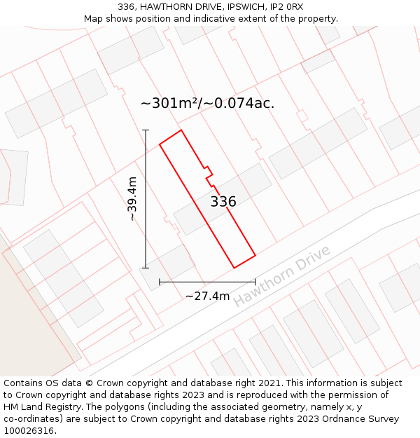 336, HAWTHORN DRIVE, IPSWICH, IP2 0RX: Plot and title map