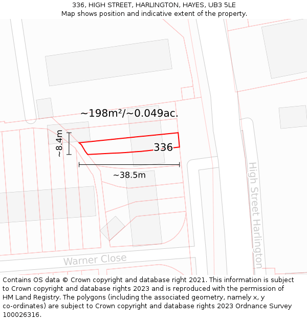 336, HIGH STREET, HARLINGTON, HAYES, UB3 5LE: Plot and title map