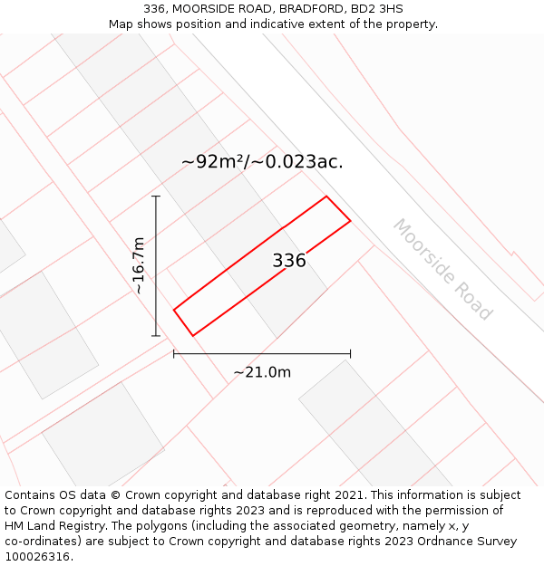 336, MOORSIDE ROAD, BRADFORD, BD2 3HS: Plot and title map