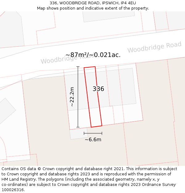 336, WOODBRIDGE ROAD, IPSWICH, IP4 4EU: Plot and title map