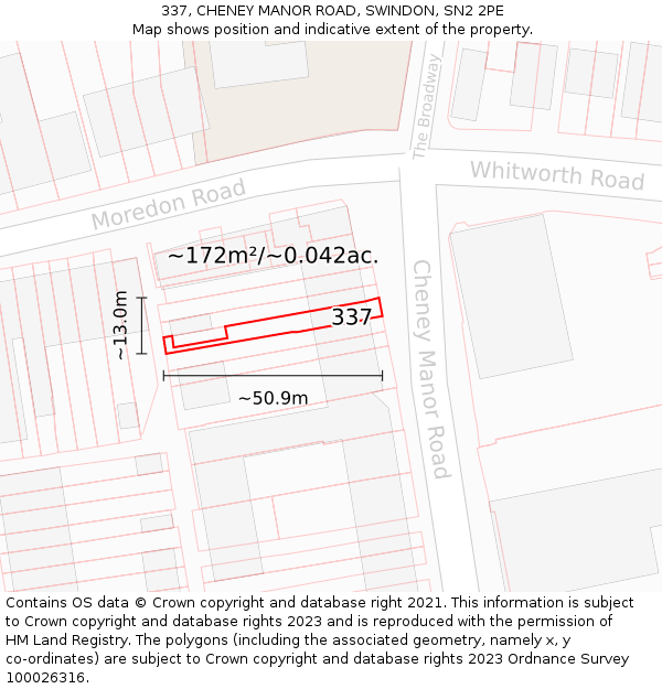 337, CHENEY MANOR ROAD, SWINDON, SN2 2PE: Plot and title map