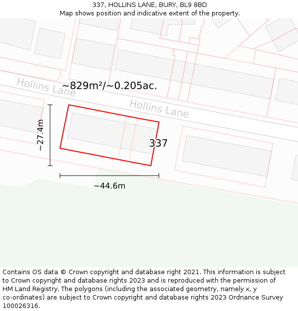 337, HOLLINS LANE, BURY, BL9 8BD: Plot and title map